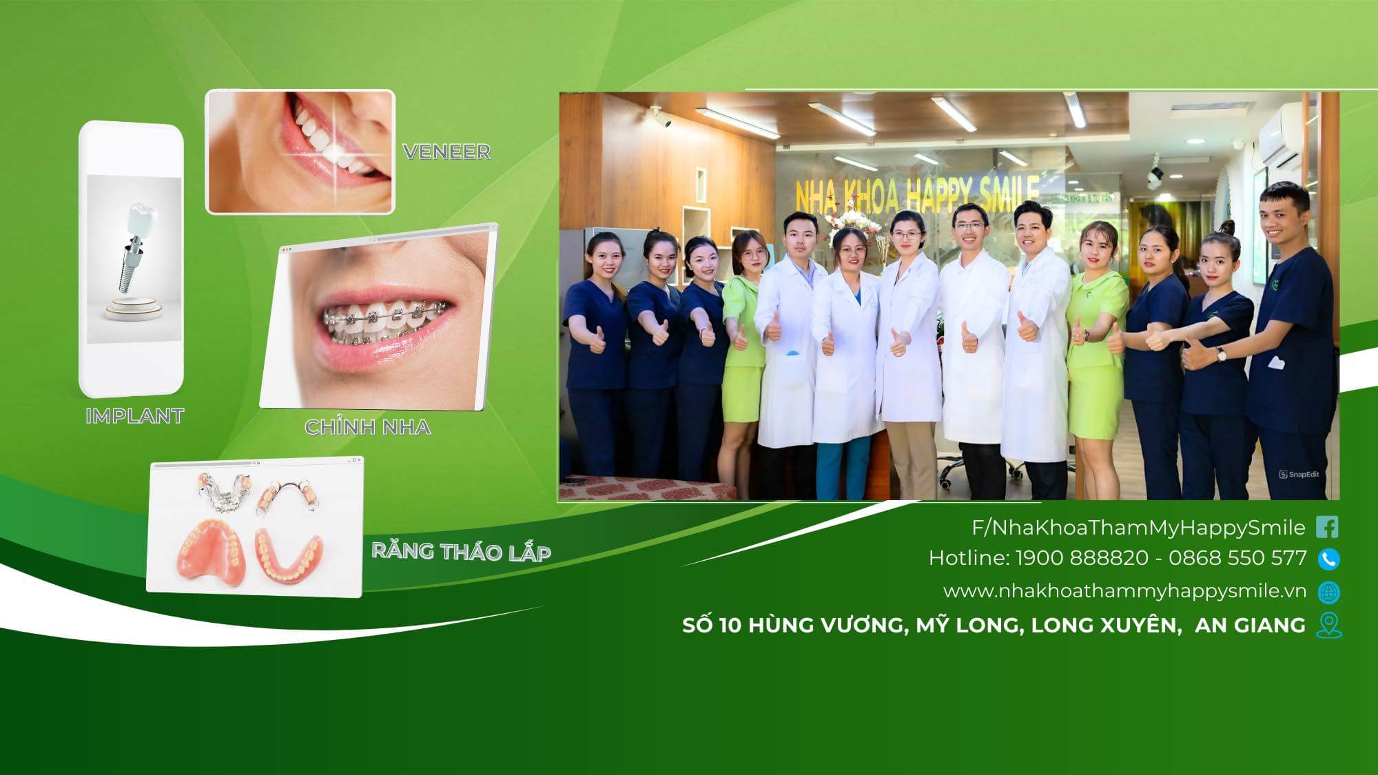 Nha khoa Thẩm mỹ Happy Smile Long Xuyên cung cấp các dịch vụ nha khoa hiện đại, hướng đến tính an toàn, hiệu quả và thẩm mỹ cao